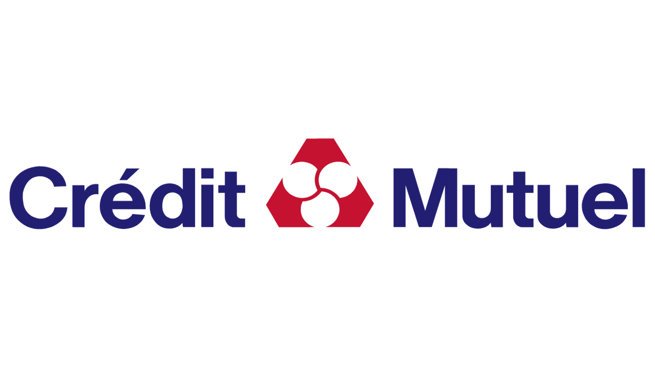 Logo de Crédit Mutuel avec texte et symbole rouge et noir