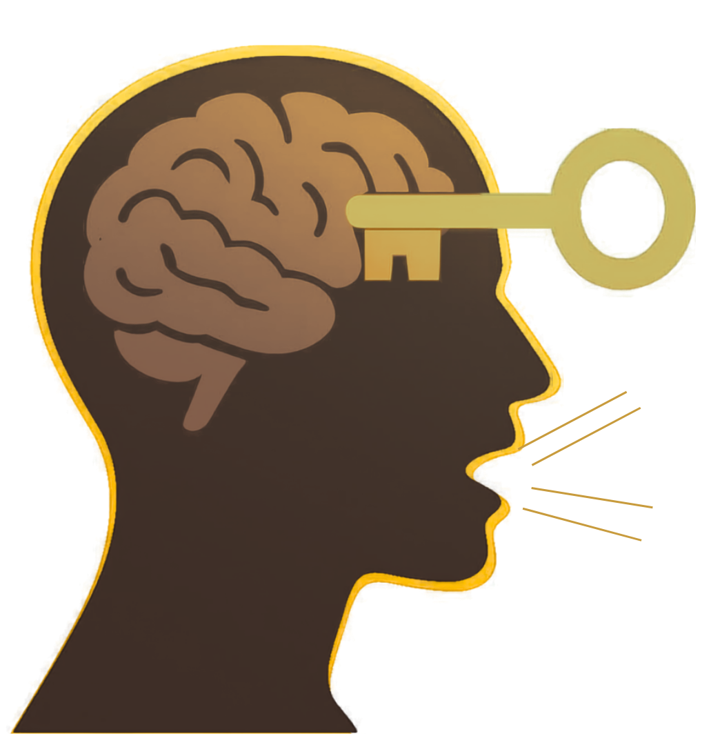 Illustration of a human head profile with a brain inside and a key inserted into the head, symbolizing unlocking or accessing the mind.