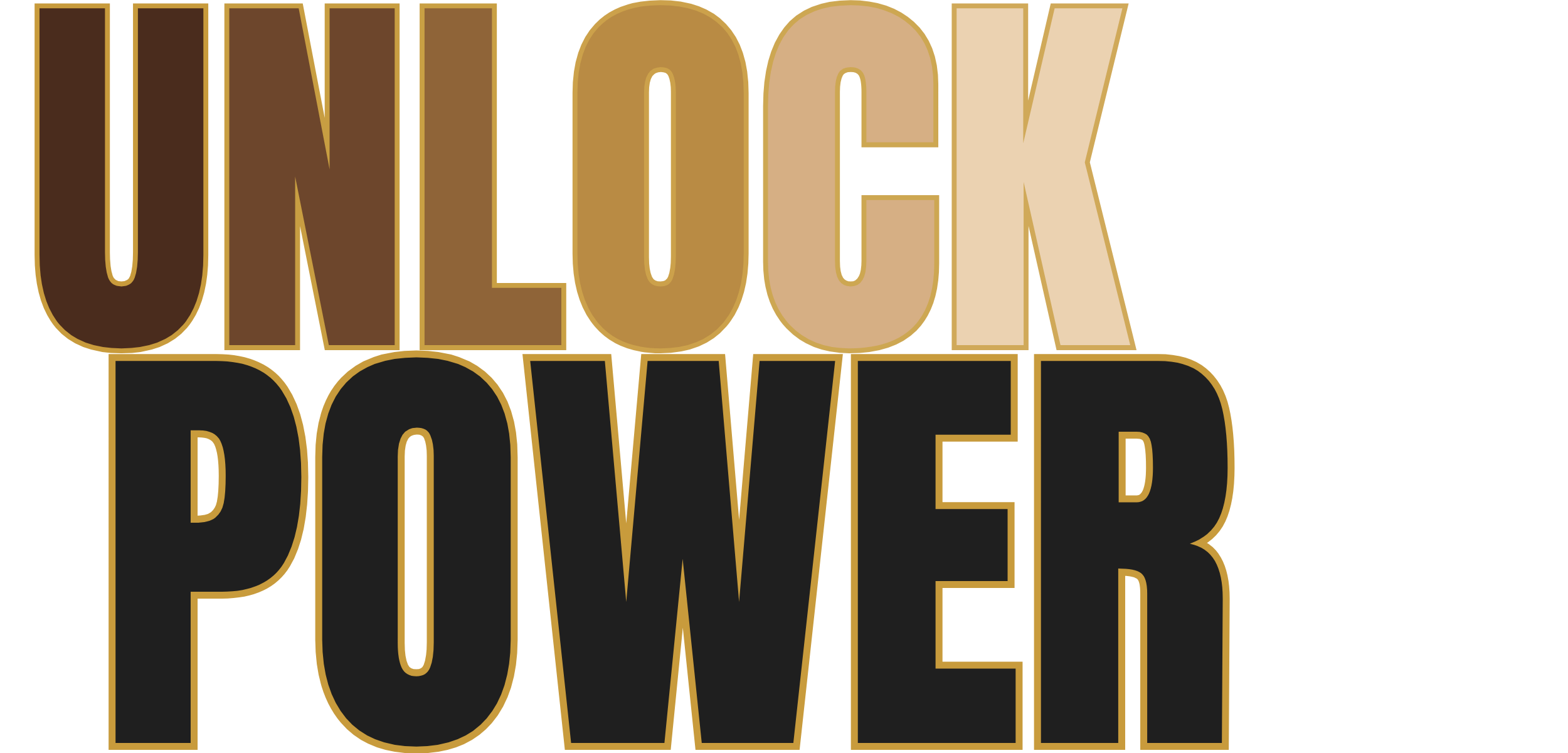 Text reading "UNLOCK POWER" with "UNLOCK" in shades of brown and beige and "POWER" in black, all outlined in gold.