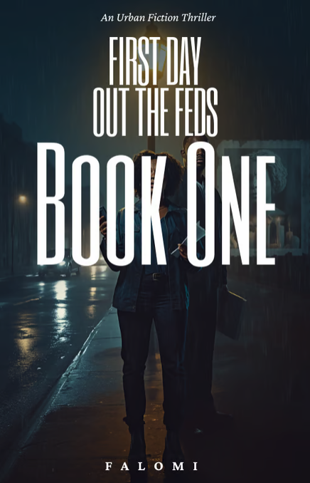 Book cover for "First Day Out the Feds Book One" by Falomi, featuring a person in a dark jacket and jeans holding a briefcase, standing on a wet city street at night with streetlights and buildings in the background.