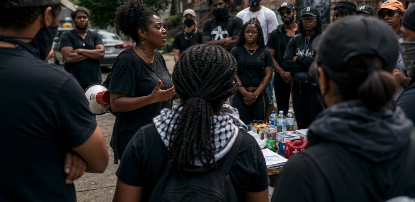 A woman speaking to a group of people gathered outdoors, with some holding bottled water and supplies on a table.