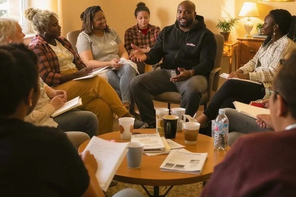 A group of diverse adults sitting in a circle in a cozy room, engaging in a discussion with a man speaking, surrounded by coffee cups, papers, and notebooks on a table.