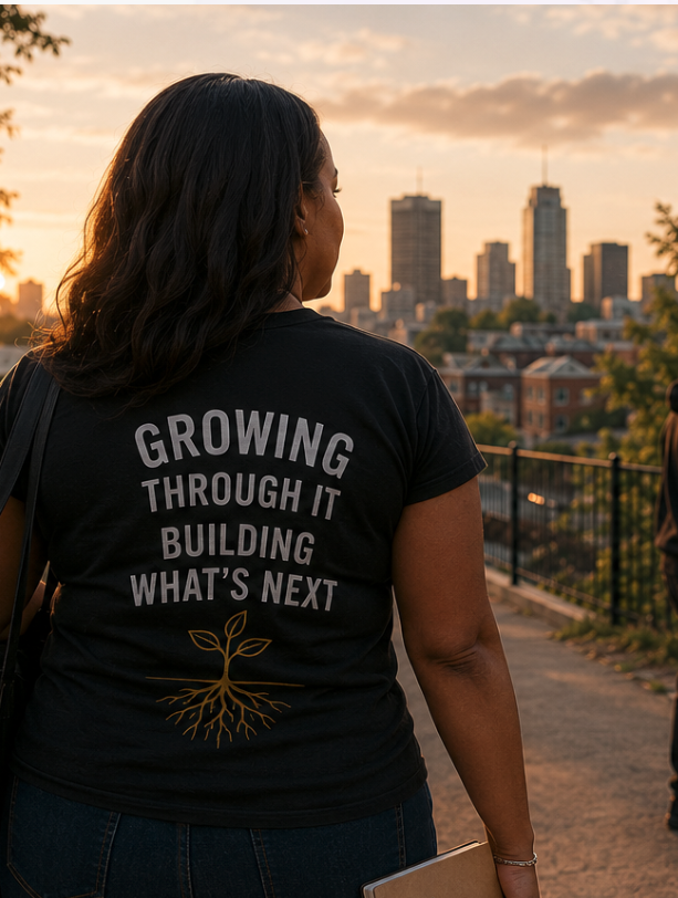 Woman standing outdoors in a city park during sunset, wearing a black T-shirt with the quote 'Growing through it building what's next' and an illustration of a plant and roots, overlooking city skyscrapers.
