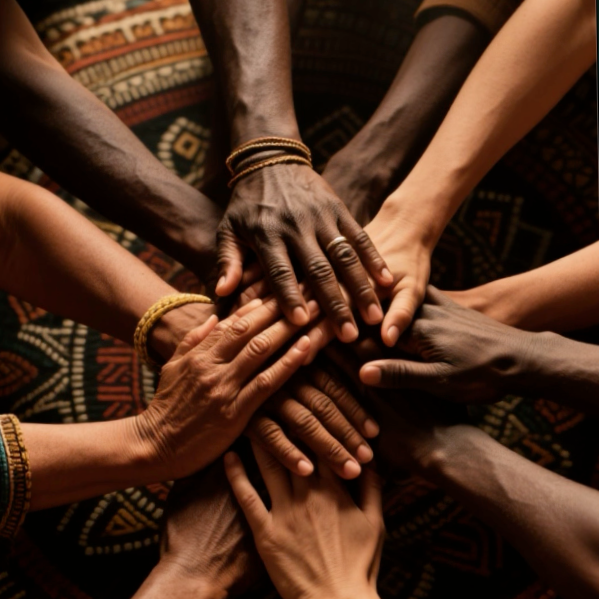 Multiple hands of different skin tones stacked together in a circle.