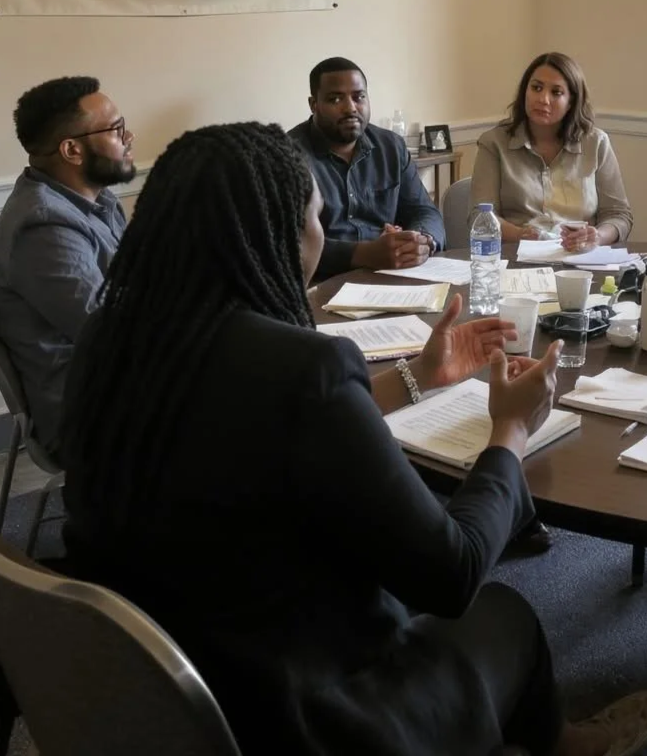 Four people sitting around a conference table engaged in a discussion, with documents, water bottles, and cups on the table.