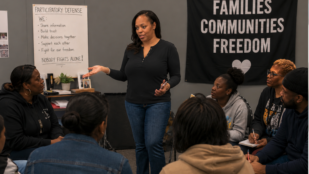 A woman in a black shirt giving a presentation to a group of people seated in a circle. The background has a black banner with white text reading "FAMILIES, COMMUNITIES, FREEDOM" and a white heart symbol. A whiteboard lists principles of participatory defense, including sharing information, building trust, making decisions together, supporting each other, and fighting for freedom.