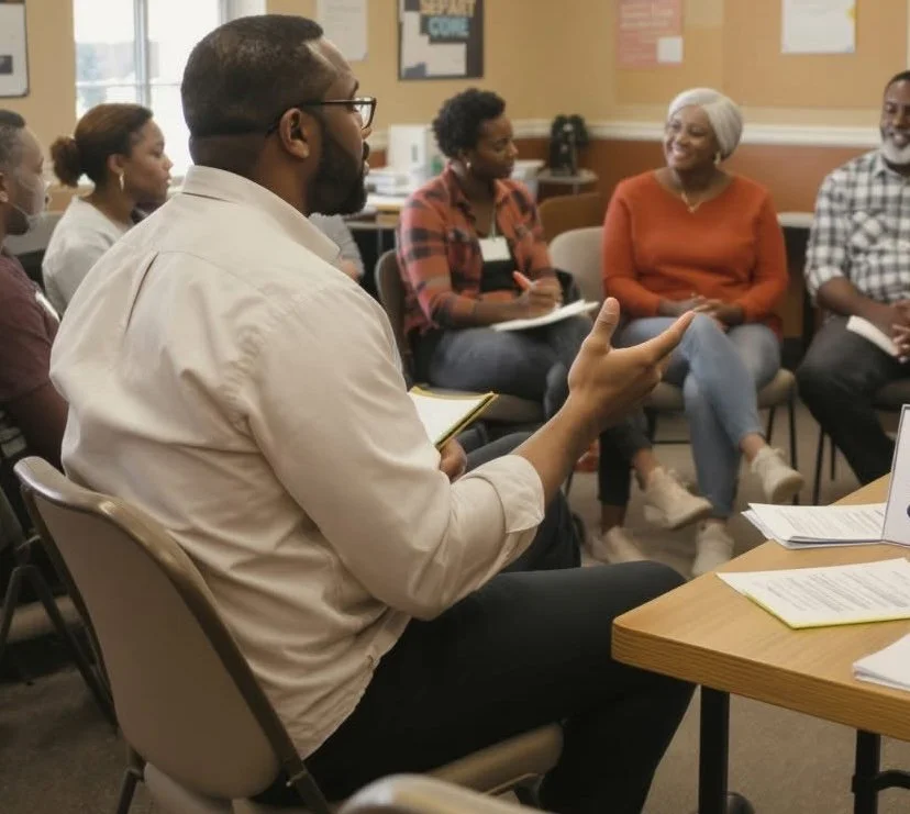 A diverse group of six people seated in a semi-circle in a classroom or meeting room, engaged in discussion. The man in the foreground is gesturing with his hand, holding a notebook, while others listen and take notes, with posters on the wall behind them.