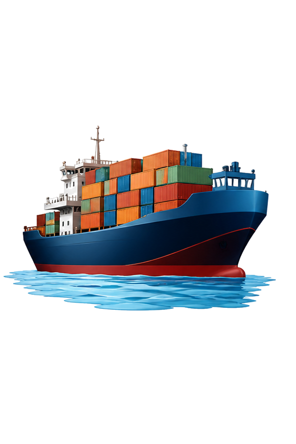 A cargo ship with a blue hull and red stripe, carrying multiple colorful shipping containers, sailing on water.
