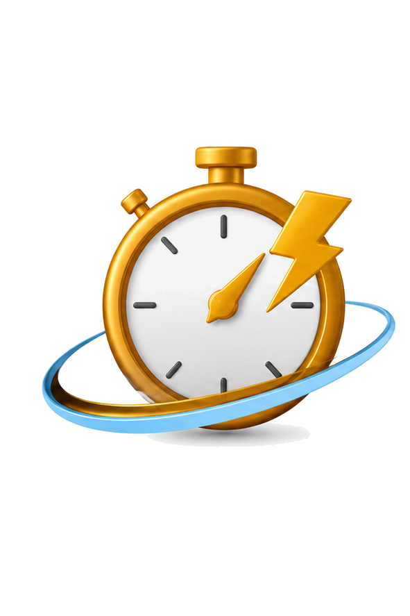 A stopwatch with a gold frame, a lightning bolt symbol, and a spinning blue ring around it, symbolizing speed or urgency.