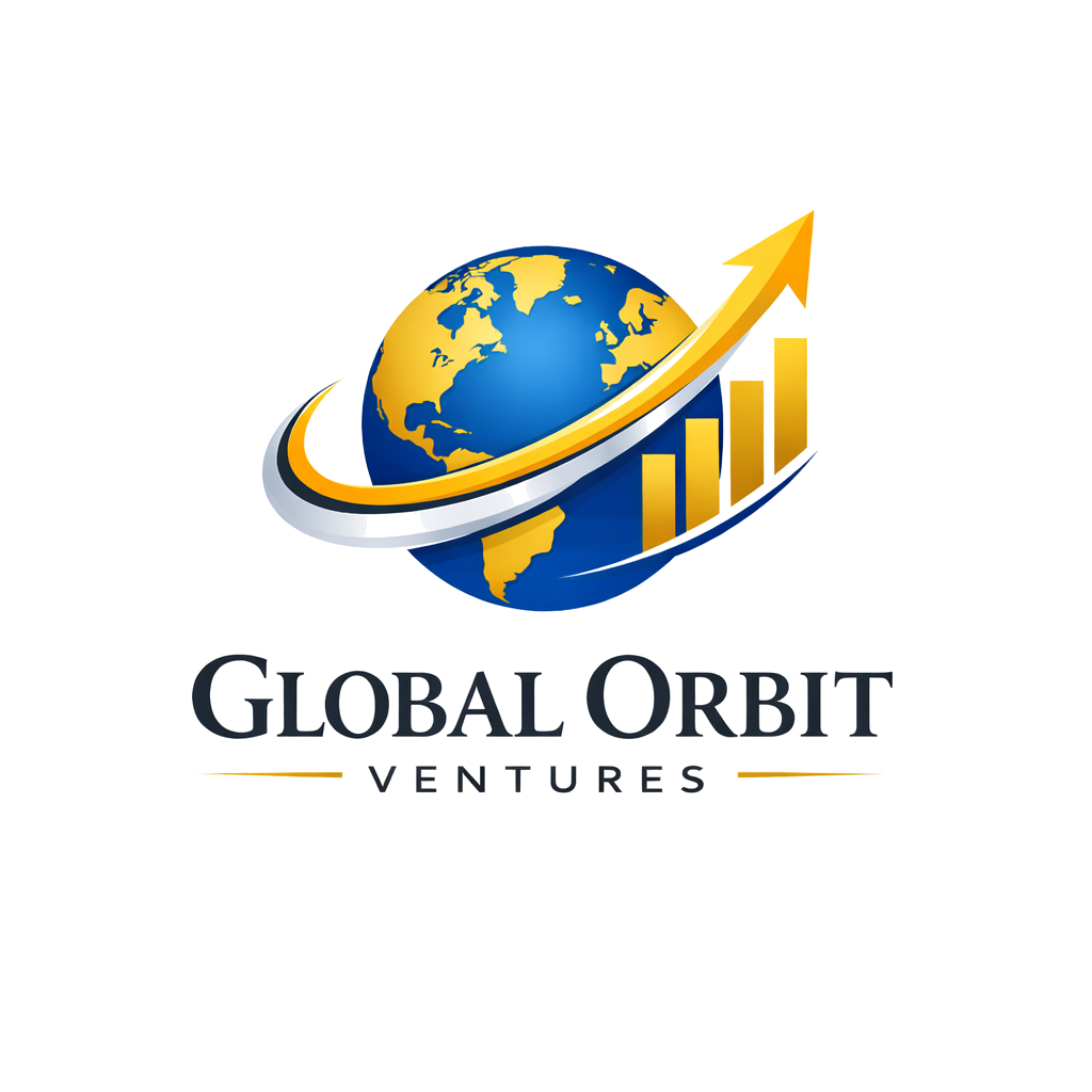 A logo for Global Orbit Ventures featuring a globe with the continents in gold and the oceans in blue, wrapped by a gold arrow and bar chart, with the company name in bold text underneath.