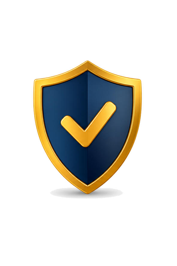 A shield with a dark blue background, gold border, and a gold checkmark in the center.