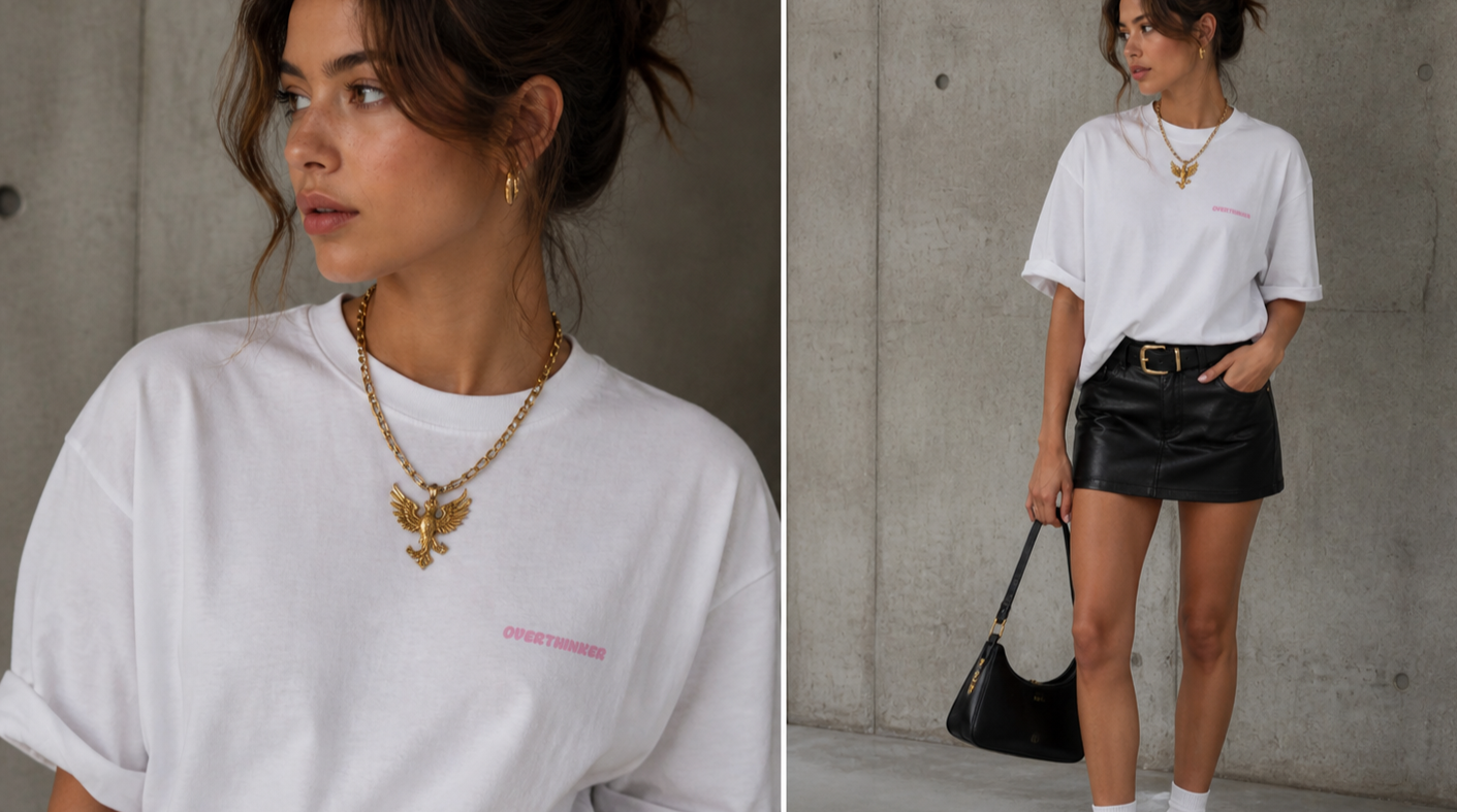 A young woman with wavy brown hair styled in a messy bun, wearing a white T-shirt with pink text that says 'OVERTINKER', layered gold jewelry including a chain and a eagle pendant, is standing against a concrete wall. In the full-body shot, she is wearing a black leather mini skirt with a gold buckle belt, white socks, and holding a black handbag, with her left hand in her pocket.