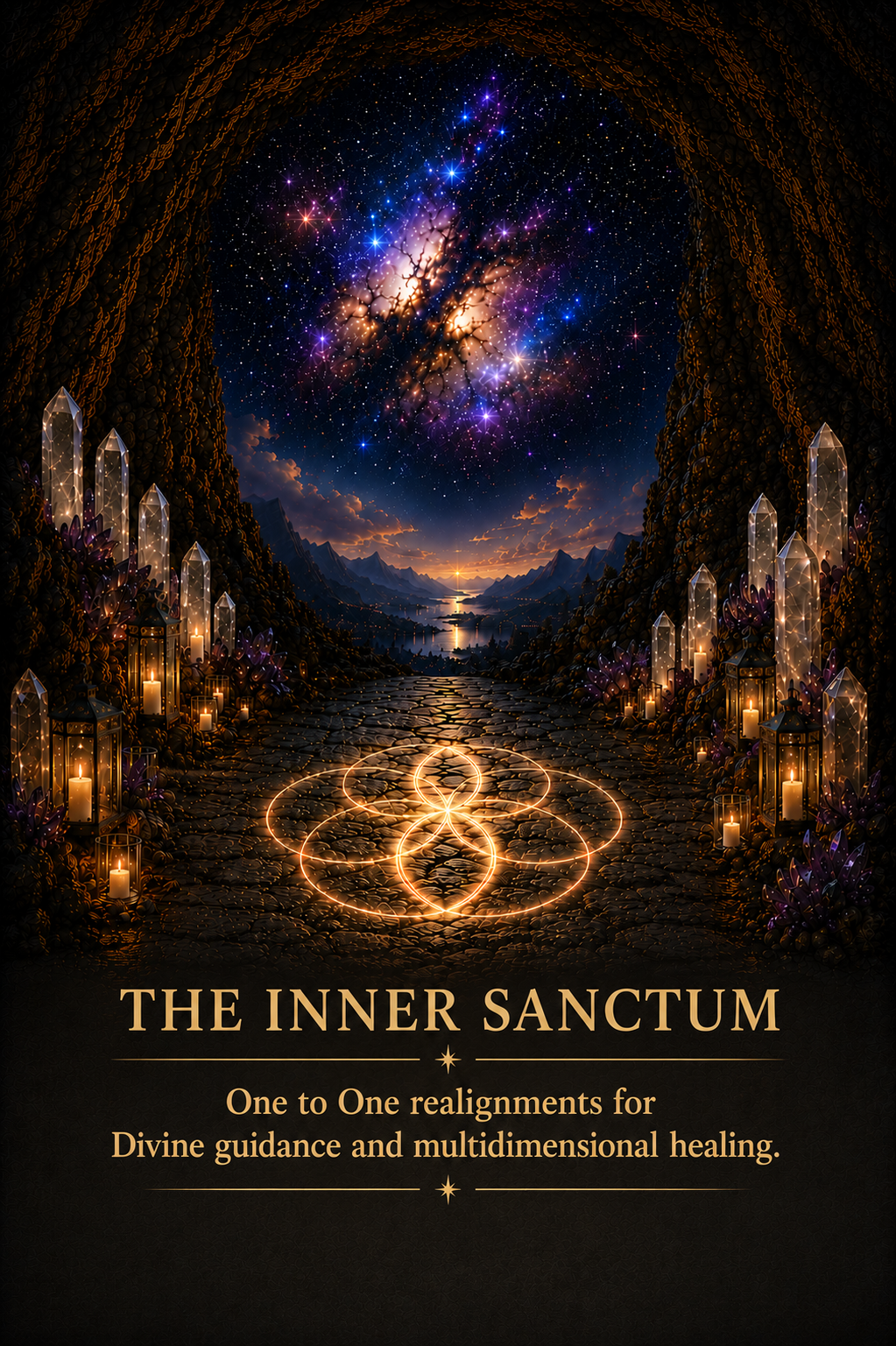 A mystical scene of a mountain landscape at sunset viewed through a cave entrance, with glowing crystals, candles, and magical symbols on the ground, under a starry sky with colorful nebulae.