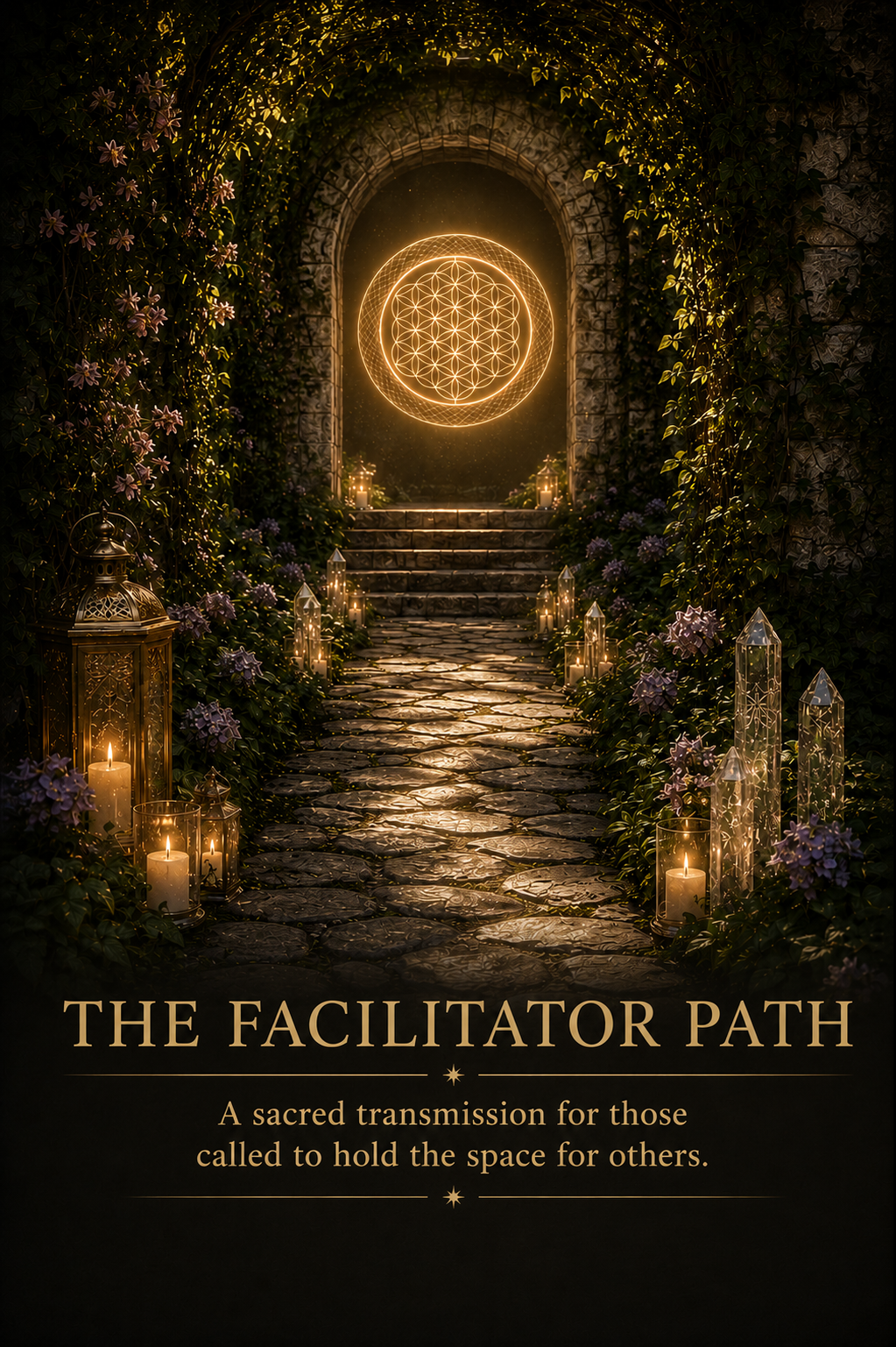 A mystical stone pathway lined with candles and lanterns, leading to an arched doorway with a glowing geometric symbol called the Flower of Life, surrounded by lush flowering plants.