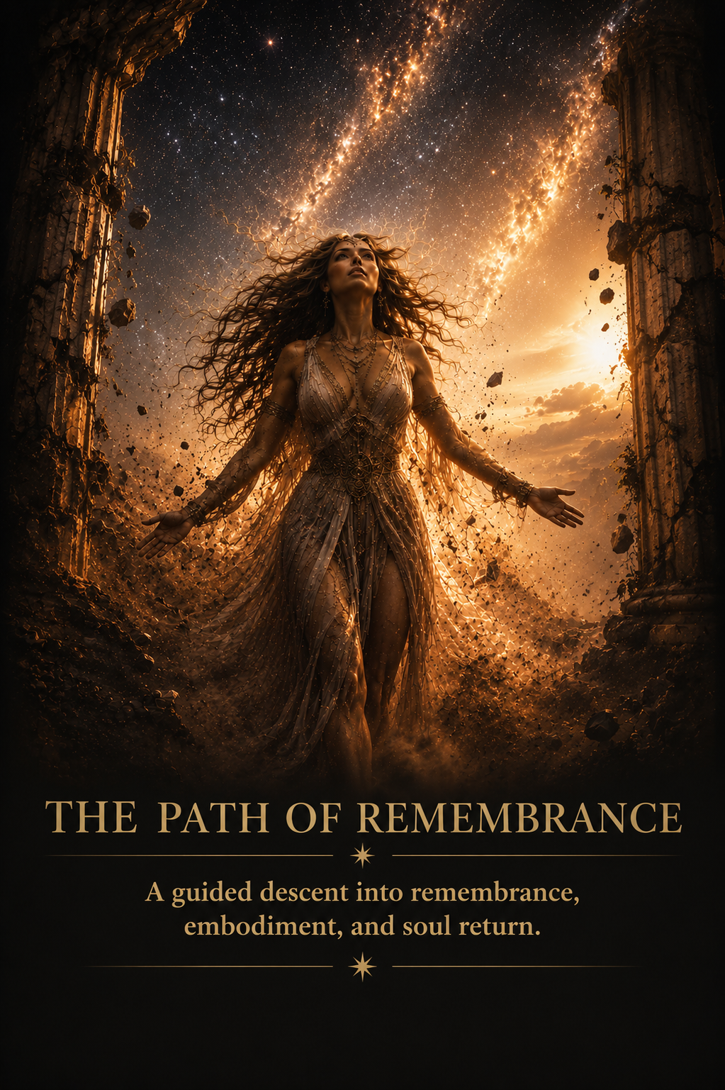 A woman with long flowing hair in an ancient, crumbling temple ruins with a starry night sky and the Milky Way galaxy overhead. She is dressed in a flowing, ornate gown and appears to be ascending or emerging from the earth, surrounded by falling debris and glowing light. The image conveys a mystical, otherworldly atmosphere with a legend titled "The Path of Remembrance" and a subtitle about guided descent into remembrance, embodiment, and soul return.