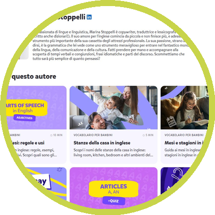 Screenshot of an educational website with sections about speech arts in English, vocabulary for children, and articles about living rooms, kitchens, bedrooms, and seasons, featuring colorful graphics and images of children and a woman.