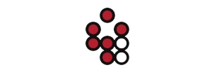 An abstract design with red and black circles interconnected in a pattern.