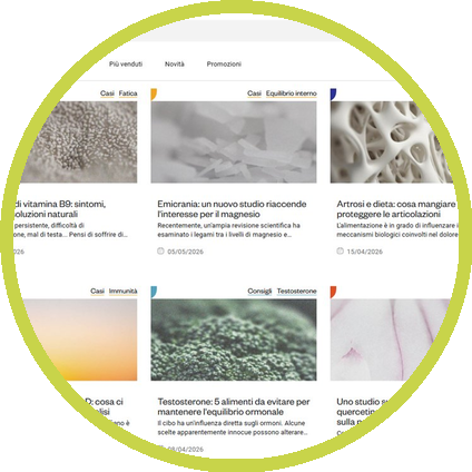 Screenshot of a scientific or medical website in Italian with articles and categories, featuring images related to health and wellness.