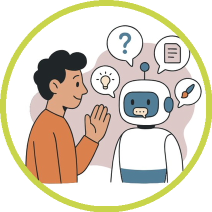 A person and a robot engaging in a conversation, with speech bubbles containing symbols for a question mark, light bulb, document, and paintbrush.