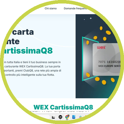 A website screenshot showing WEX CartissimaQ8, including text in Italian about business and fuel, along with a digital card image displaying a card number.