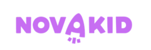 Logo of NOVA KID with stylized purple text and a small character in the middle.