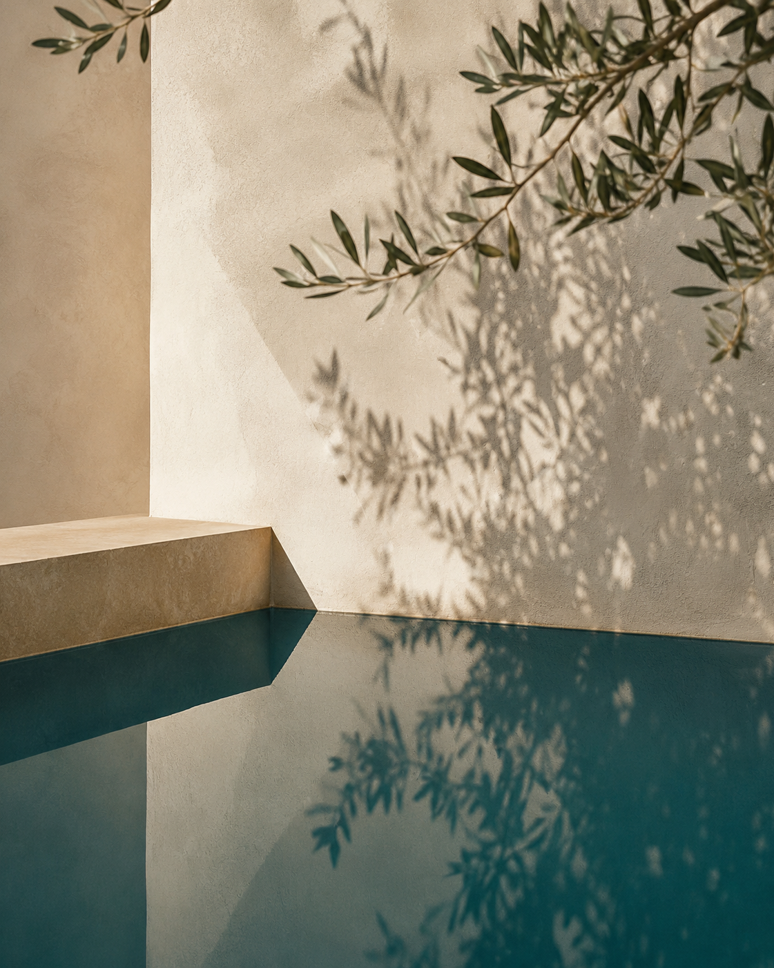 Still water reflecting olive tree branches on a white wall in Portugal
