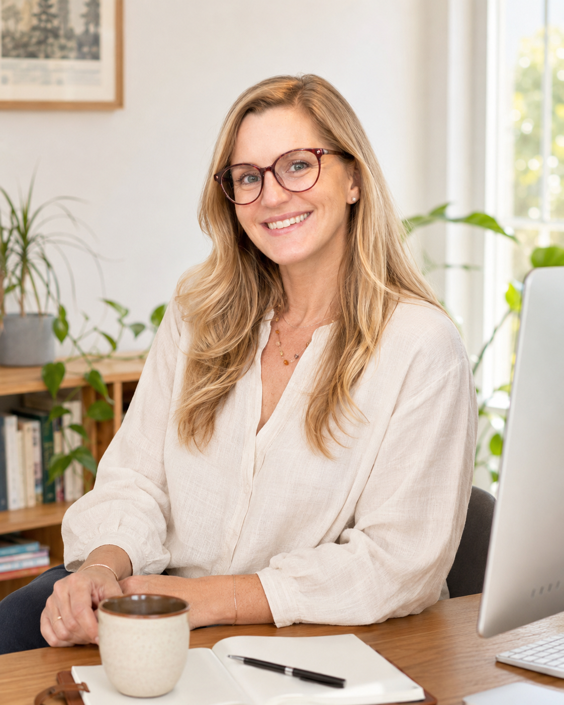 Kyrsten Kemper, Online Business Manager, working at her desk in Portugal