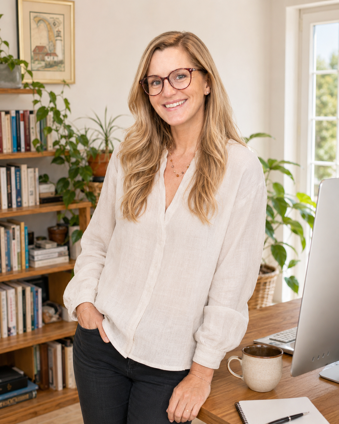 Kyrsten Kemper, founder of Candor & Coast, in her Portugal home office