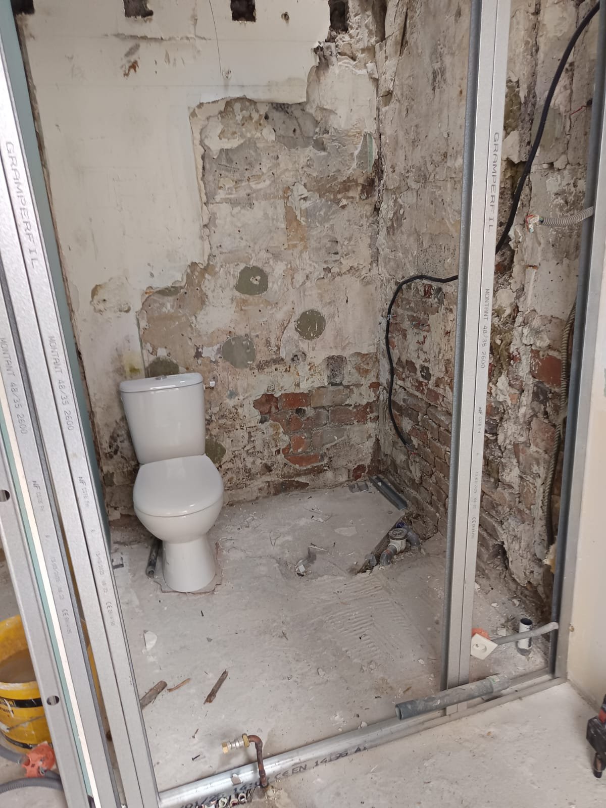 Une pièce en rénovation avec un mur en briques et plâtre ruiné, une toilette blanche, des tuyaux apparents, et un cadre en métal pour une cabine de douche en construction.