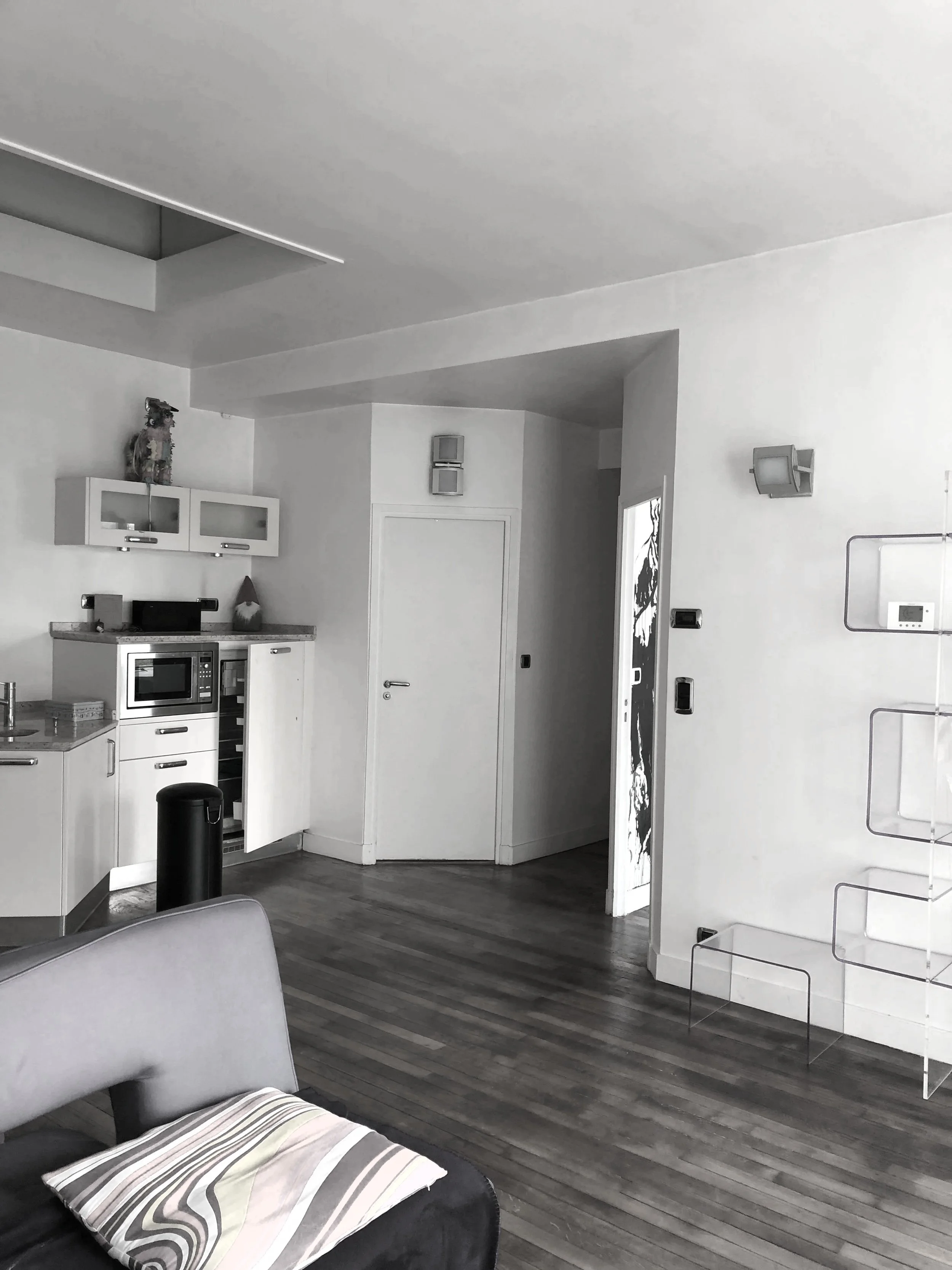 Intérieur d'un appartement avec un mur blanc, une cuisine équipée avec un micro-ondes, une armoire avec un décor de lama coloré, un canapé violet avec un coussin à rayures, un sol en bois brun et un mur avec une étagère en métal violet.