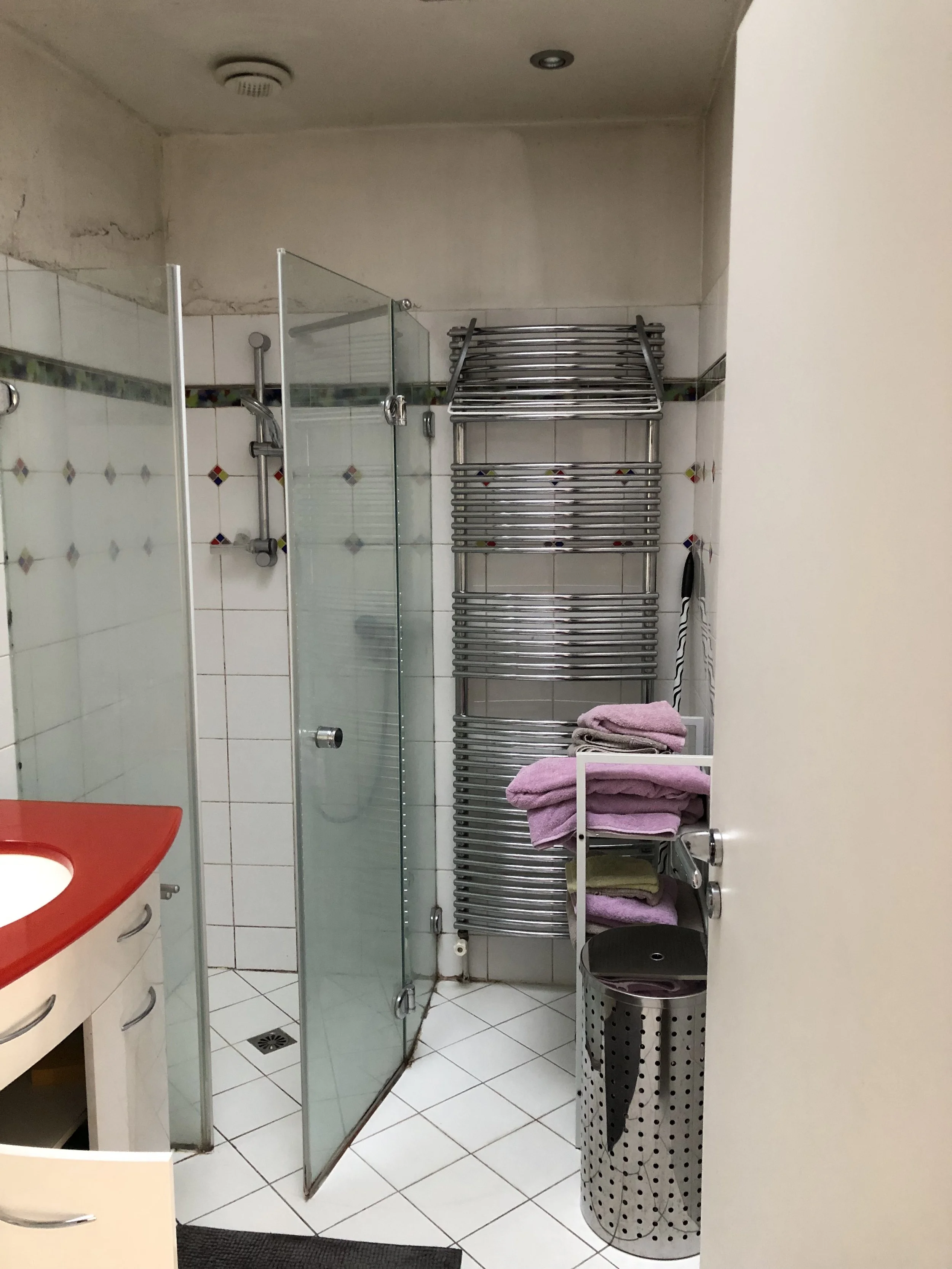 Salle de bain avec toilette, lavabo rouge, meuble en bois, porte de cabine de douche en verre, serviettes roses sur porte-serviettes, poubelle en métal perforée, papier toilette, mur blanc, sol en carrelage blanc.
