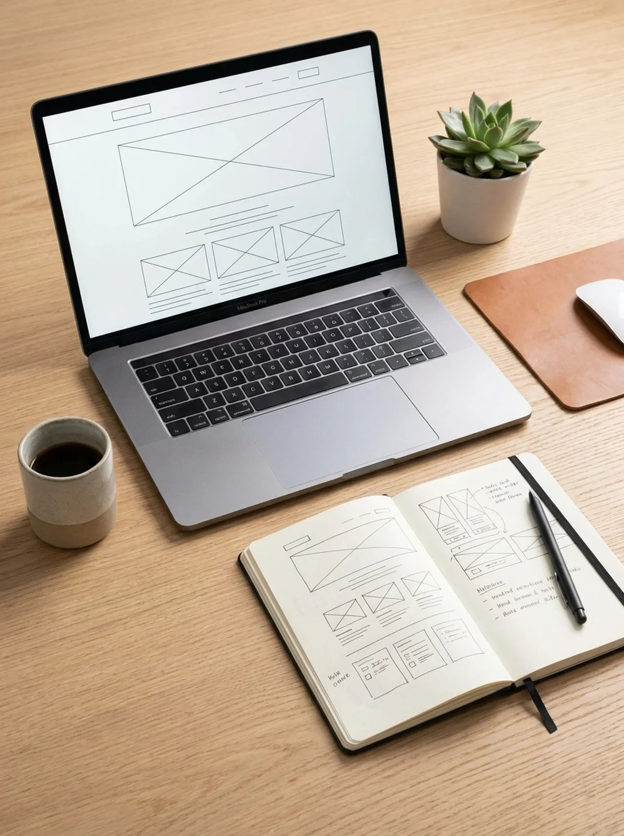Web designer desk with laptop showing website wireframe and design sketches
