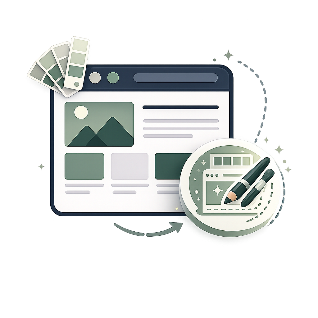 Digital illustration of a website designer's tools, including a web page mockup, color swatches, and design pens, emphasizing web development and design activities.