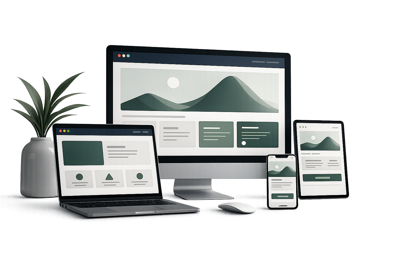 Multiple digital devices displaying website or app interfaces, including a desktop monitor, laptop, tablet, and smartphone, arranged on a black desk with a potted plant on the left side.