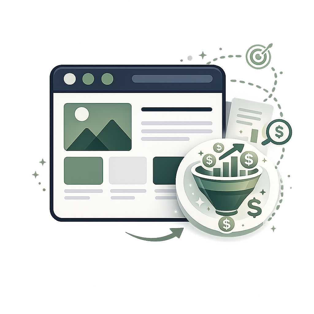 Digital illustration of a webpage with financial growth icons, including a funnel with dollar signs, graph arrows, and target symbols, representing online marketing or financial success.
