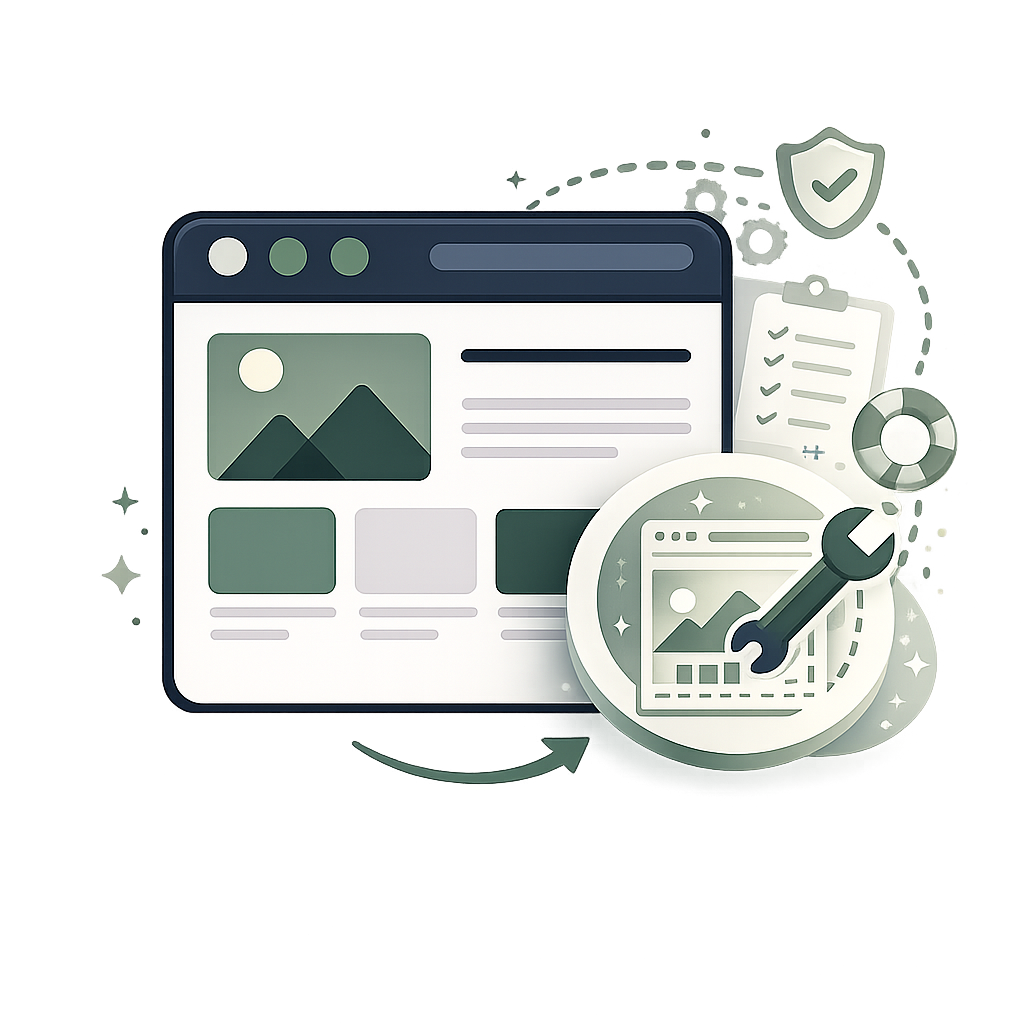 Illustration of a computer screen with website analytics, surrounded by icons representing security, progress, and optimization, including a shield, checklist, and a magnified web page with a wrench overlay.
