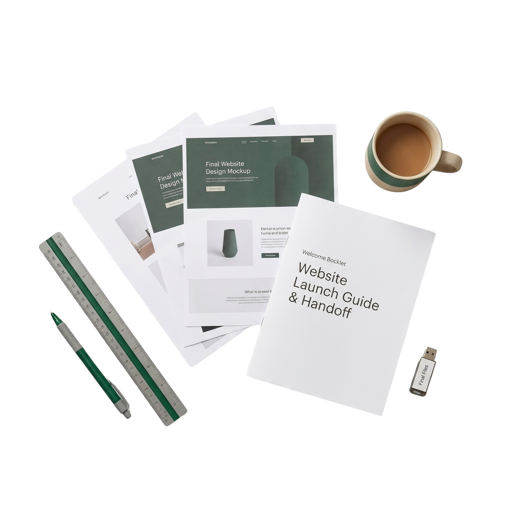 Desk with scattered printed website launch guide pages, a green pen, a clear ruler, and a USB flash drive.
