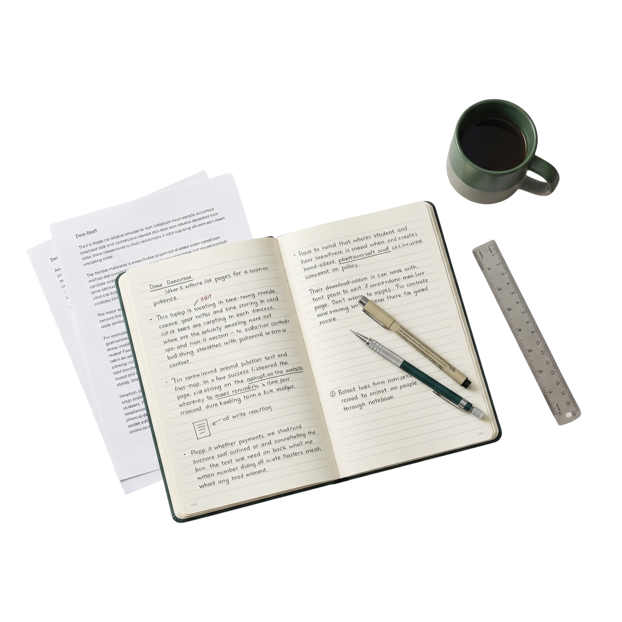 Open notebook with handwritten notes, pen, sheet of printed paper, a ruler, and a coffee mug on a black background