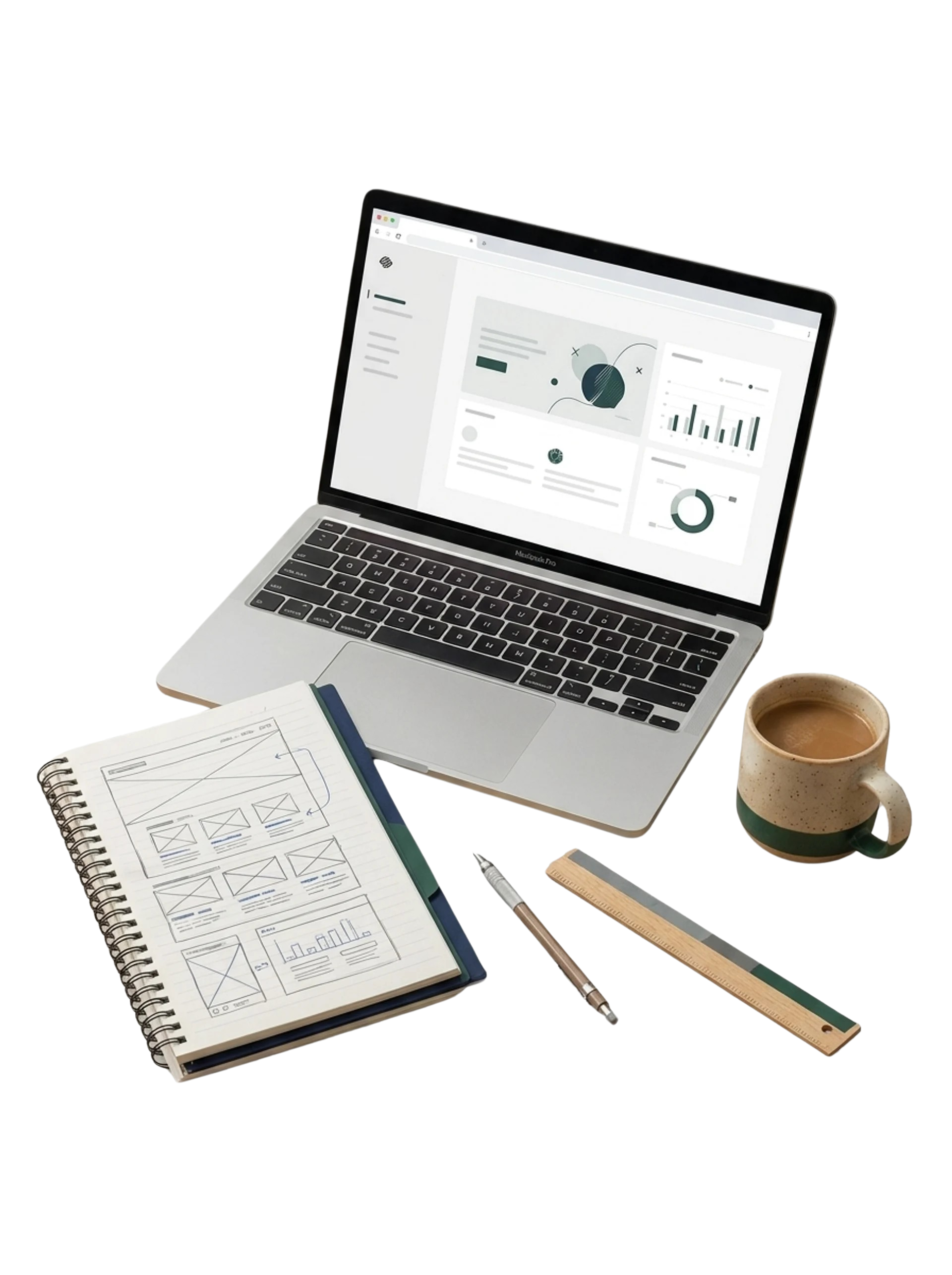 A laptop displaying graphs and charts for data analysis, surrounded by a notebook with wireframes, a notebook with sketches, a pen, a ruler, a coffee mug, and a small flat object, all on a black background.