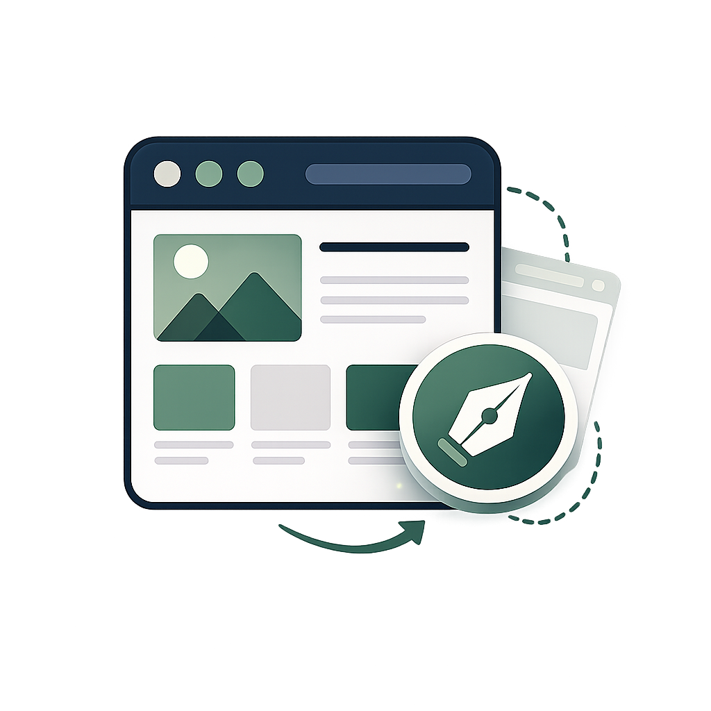 Digital illustration of a web page with a compass icon, symbolizing website optimization or navigation, featuring a landscape image and various content blocks.