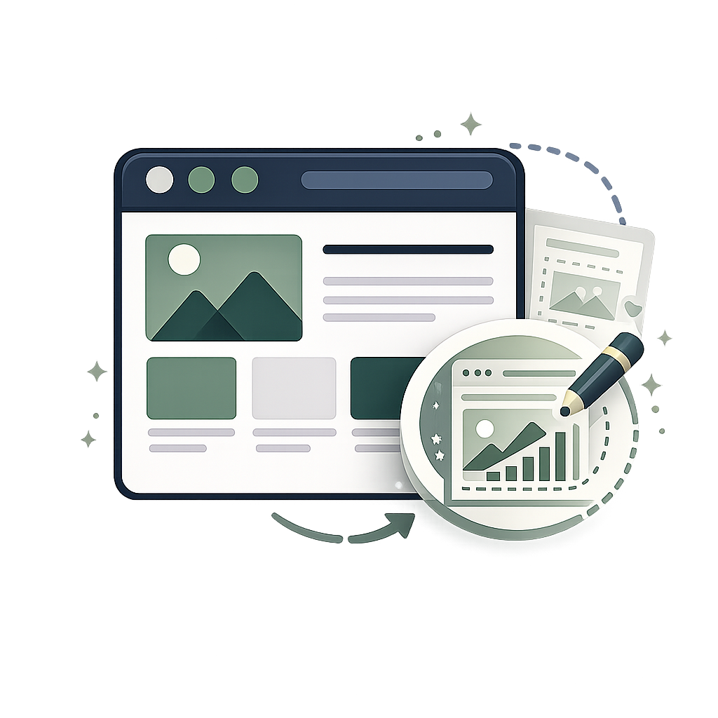 Digital illustration of a computer screen with a website layout, a magnifying glass with a graph, and a pen, representing data analysis or digital marketing.