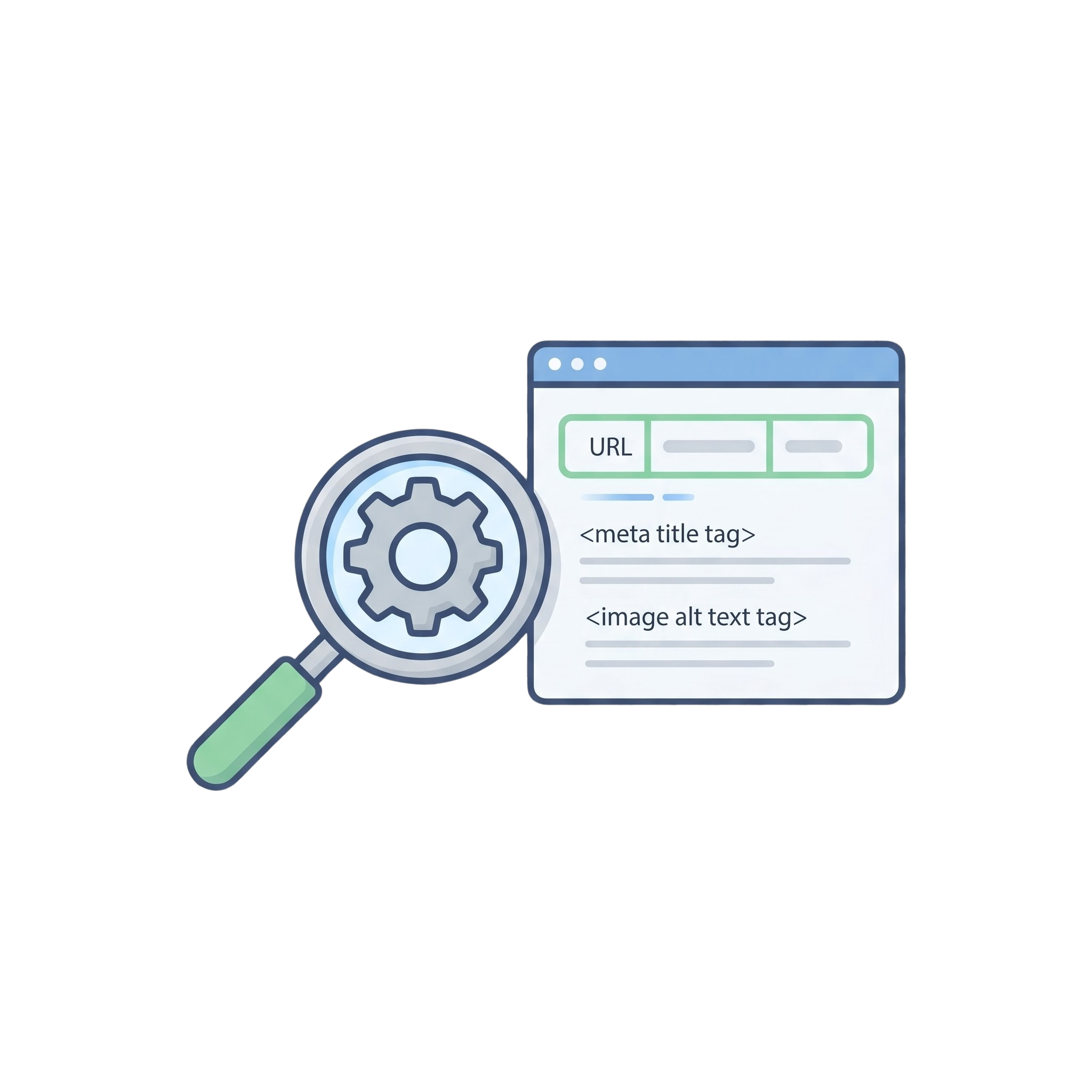 Illustration of website development icons including a gear, magnifying glass, and browser window with meta tags and URL placeholder.