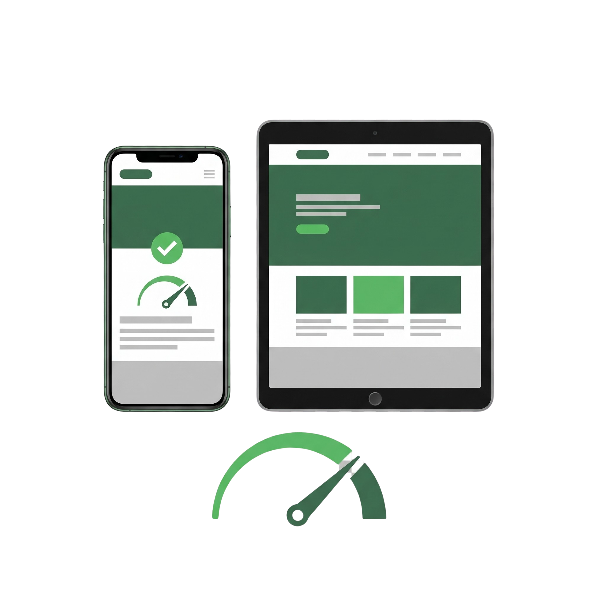 Close-up of a smartphone and tablet showing green-themed health app interfaces, including checkmarks, gauges, and grid layouts, with a green checkmark icon at the bottom.