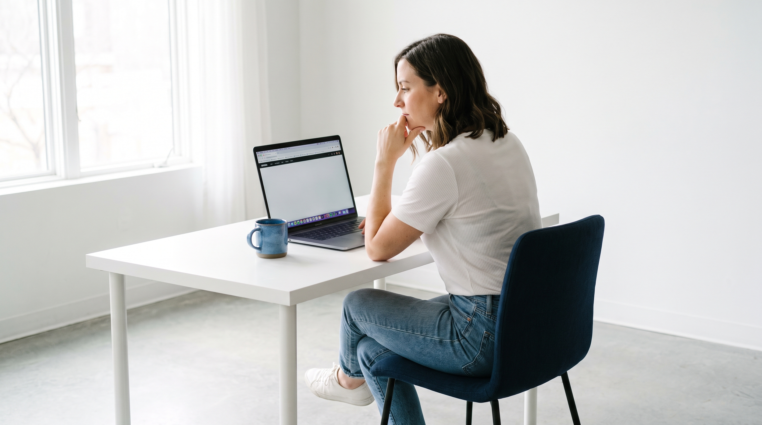 Small business owner researching affordable web designers on a laptop with multiple browser tabs open