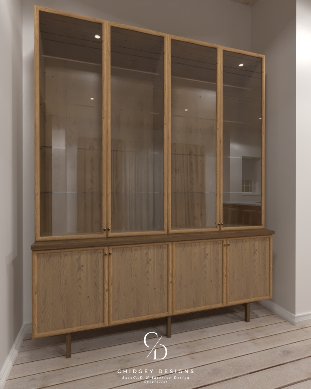 A wooden display cabinet with glass doors on the upper section and wooden doors on the lower section, against a wall with wood plank flooring.