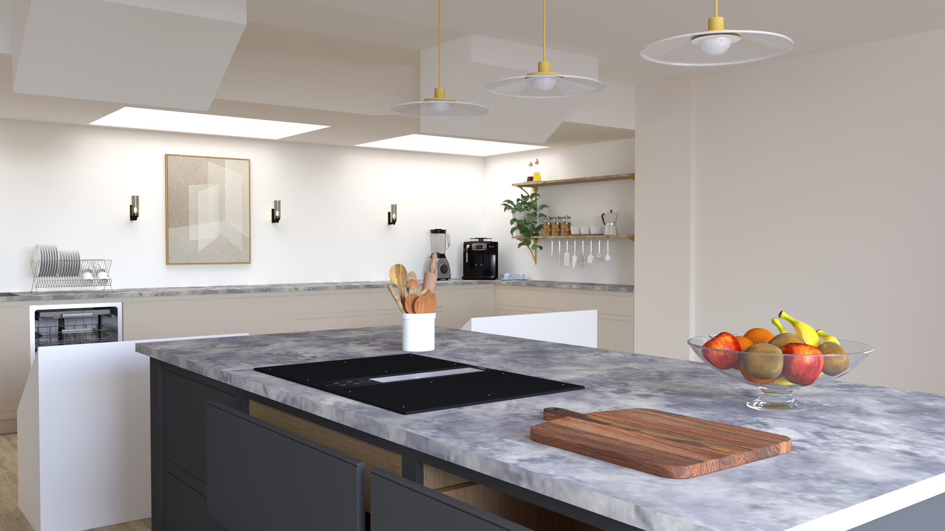 Modern kitchen with a gray marble countertop, a bowl of assorted fruits, kitchen appliances, and hanging ceiling lights.