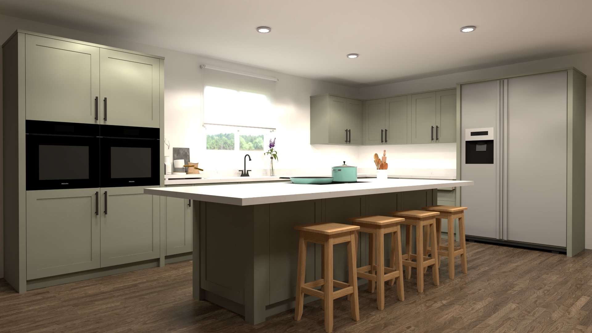Modern kitchen with light green cabinetry, white countertops, and a kitchen island with four wooden stools. There are black double ovens built into a tall cabinet, a large refrigerator, and a window letting in natural light. The kitchen has a minimalist style with a few decorative items and wooden flooring.