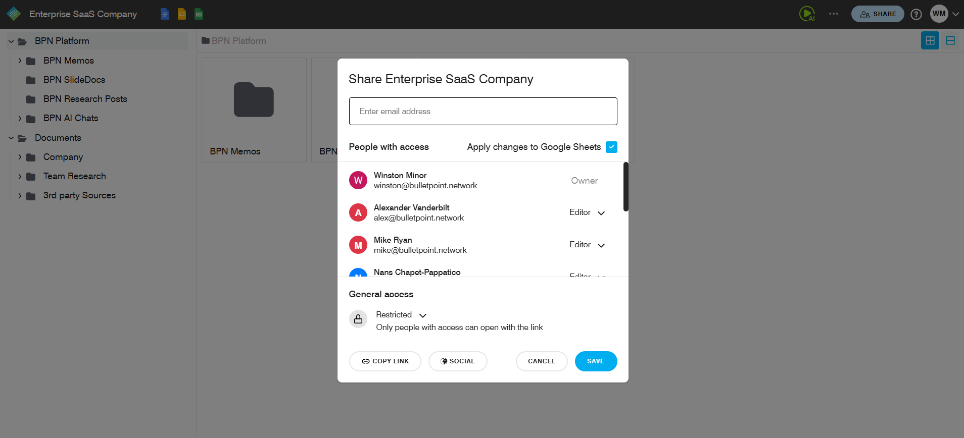 A screenshot of a Google Sheets sharing dialog box overlaying a Google Drive interface. The dialog includes an input for emails, a list of users with permissions, and options for sharing settings and link copying.