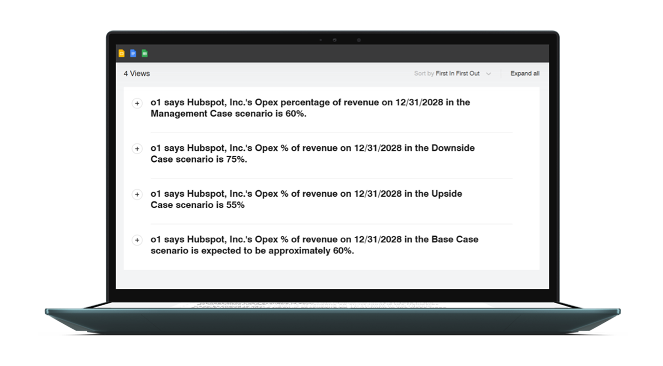 Open laptop screen displaying a Google Sheets document with four rows of text about Hubspot Inc.'s Opex percentage of revenue and scenario percentages as of December 31, 2028.