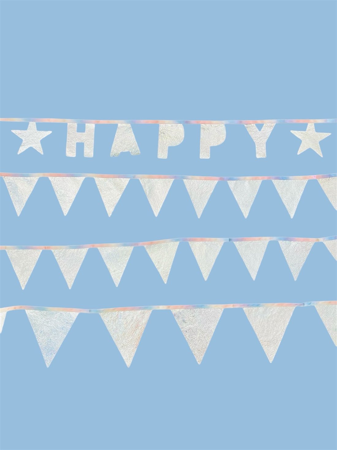 Silver foil bunting, including a banner spelling 'HAPPY' with stars and triangular flags.
